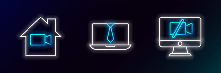 Set line Video camera Off on computer in home and chat conference icon. Glowing neon. Vector.