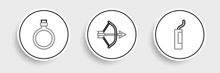 Set line Dynamite bomb Canteen water bottle and Bow and arrow in quiver icon. Vector.のイラスト素材