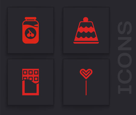 Set Lollipop, Cherry jam jar, Cake and Chocolate bar icon. Vector.のイラスト素材
