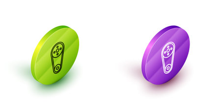 Isometric line Timing belt kit icon isolated on white background. Green and purple circle buttons. Vector.のイラスト素材