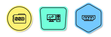 Set line SSD card, Computer monitor and RAM, random access memory. Colored shapes. Vector.