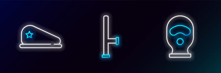 Set line Balaclava Military beret and Police rubber baton icon. Glowing neon. Vector.のイラスト素材