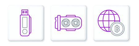 Set line Globe and cryptocurrency coin Bitcoin USB flash drive and Mining farm icon. Vector.