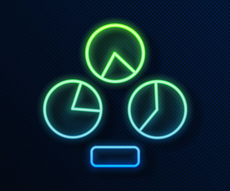 Glowing neon line Pie chart infographic icon isolated on blue background. Diagram chart sign. Vector.のイラスト素材