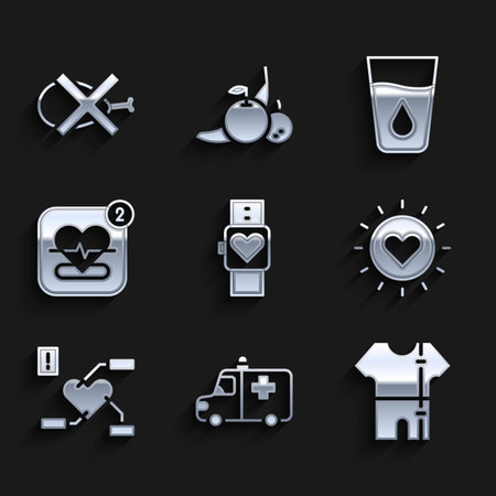 Set Smart watch Ambulance and emergency car Sport track suit Sun Attention to health heart Mobile with rate Glass water and No meat icon. Vector.のイラスト素材