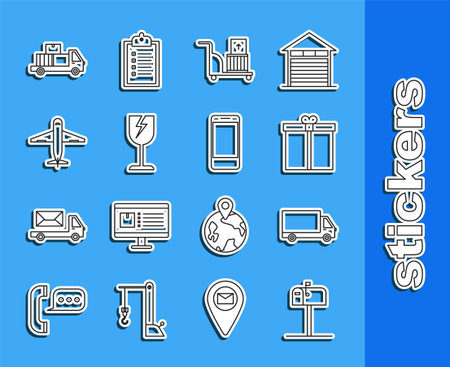 Set line Open mail box Delivery cargo truck vehicle Gift Electric hand and boxes Fragile broken glass symbol Plane with cardboard and Mobile phone app delivery tracking icon. Vector.のイラスト素材