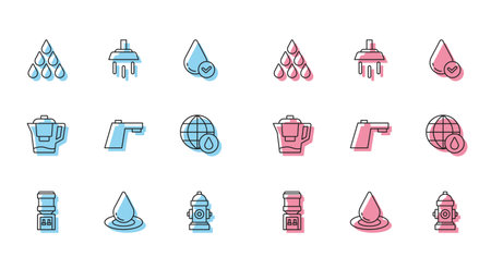 Set line Water cooler drop Fire hydrant tap Earth planet in water jug with filter and Shower icon. Vector.のイラスト素材