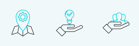 Set line Project team base Location job and Light bulb in hand icon. Vector.