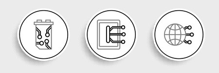 Set line Global technology or social network Video graphic card and Tablet icon. Vector.