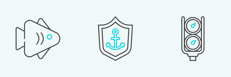 Set line Gauge scale Fish and Anchor inside shield icon. Vector.のイラスト素材