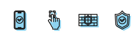 Set line Shield with brick wall, Smartphone, Fingerprint and check mark icon. Vector.のイラスト素材