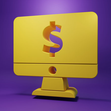 Yellow Computer monitor with dollar symbol icon isolated on purple background. Online shopping...
