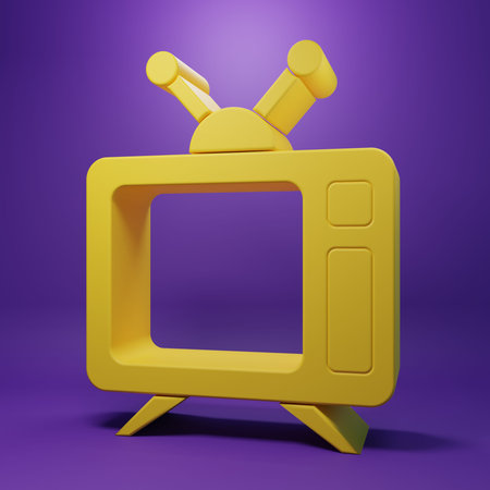 Yellow Tv icon isolated on purple background. Television sign. Minimalism concept. 3D render...