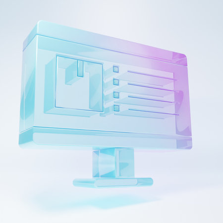 Frosted glass Computer monitor with app delivery tracking icon isolated on white background. Parcel tracking. Minimalism concept. 3D render illustration.の写真素材