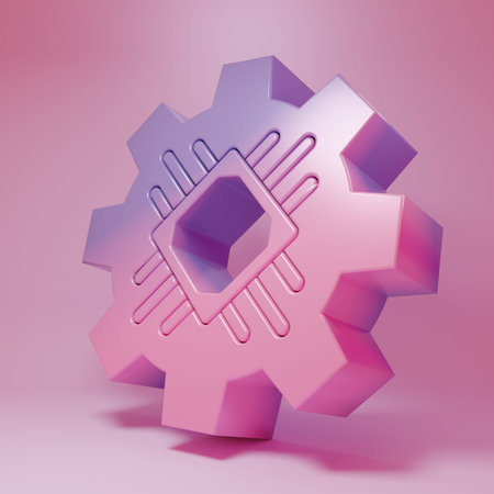 Purple-pink Processor icon isolated on pink background. CPU, central processing unit, microchip,...