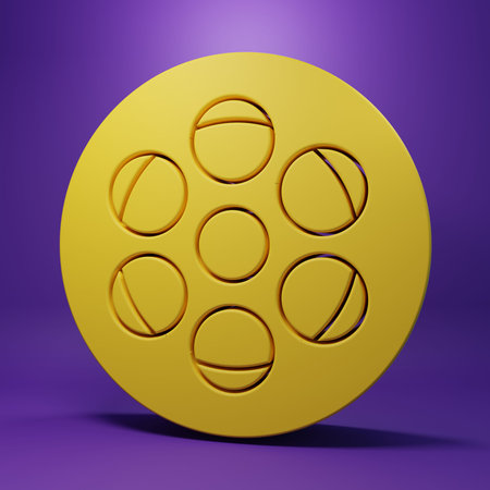 Yellow Film reel icon isolated on purple background. Minimalism concept. 3D render illustration.