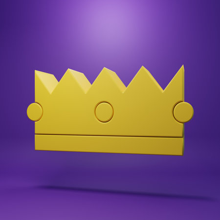 Yellow Crown icon isolated on purple background. Minimalism concept. 3D render illustration.の写真素材