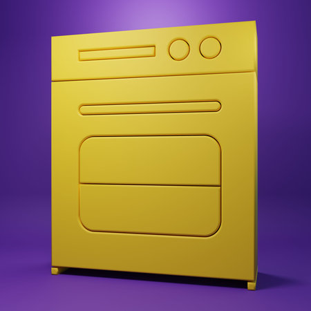 Yellow Oven icon isolated on purple background. Stove gas oven sign. Minimalism concept. 3D render...