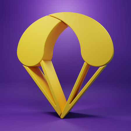 Yellow Parachute icon isolated on purple background. Extreme sport. Sport equipment. Minimalism concept. 3D render illustration.の写真素材