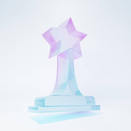 Frosted glass Movie trophy icon isolated on white background. Academy award icon. Films and cinema symbol. Minimalism concept. 3D render illustration.の写真素材