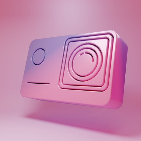 Purple-pink Action extreme camera icon isolated on pink background. Video camera equipment for filming extreme sports. Minimalism concept. 3D render illustration.の写真素材