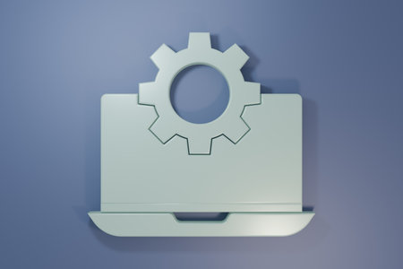 Gray Laptop and gear icon isolated on purple-blue background. Laptop service concept. Adjusting app, setting options, maintenance, repair, fixing. Minimalism concept. 3D render illustration.の写真素材
