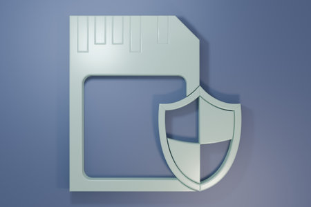 Gray SD card and shield icon isolated on purple-blue background. Memory card. Adapter icon. Security, safety, protection, privacy concept. Minimalism concept. 3D render illustration.の写真素材