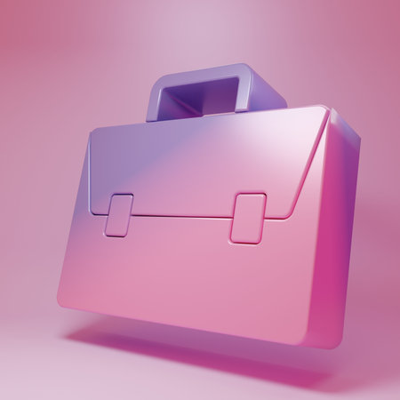 Purple-pink Briefcase icon isolated on pink background. Business case sign. Business portfolio. Minimalism concept. 3D render illustration.の写真素材