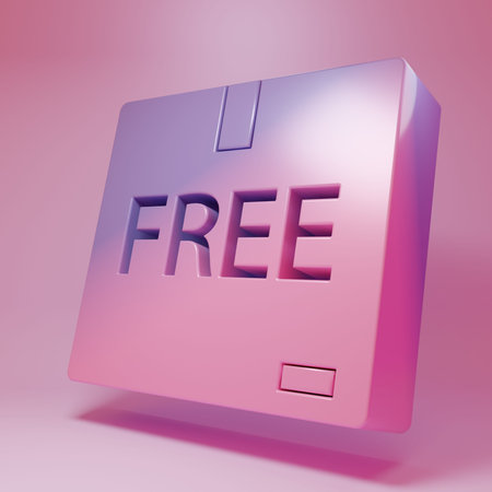 Purple-pink Cardboard box with symbol icon isolated on pink background. Box, package, parcel sign....