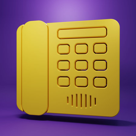 Yellow Telephone icon isolated on purple background. Landline phone. Minimalism concept. 3D render...