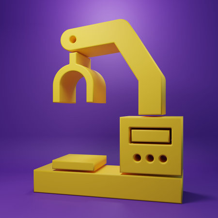 Yellow Industrial machine robotic robot arm hand factory icon isolated on purple background....