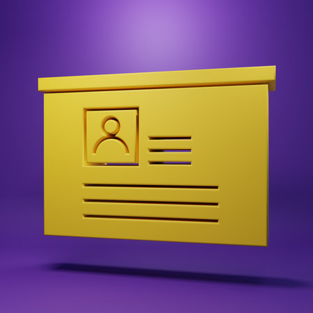 Yellow Board with resume icon isolated on purple background. CV application. Searching professional staff. Analyzing personnel resume. Minimalism concept. 3D render illustration.の写真素材