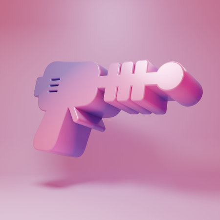 Purple-pink Ray gun icon isolated on pink background. Laser weapon. Space blaster. Minimalism concept. 3D render illustration.の写真素材