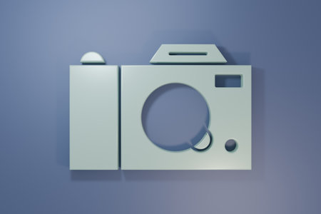 Gray Photo camera icon isolated on purple-blue background. Photo camera icon. Minimalism concept. 3D render illustration.の写真素材