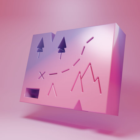 Purple-pink Folded map with location marker icon isolated on pink background. Minimalism concept. 3D...
