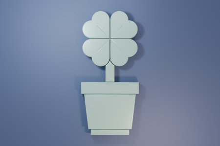 Gray Four leaf clover in pot icon isolated on purple-blue background. Happy Saint Patrick's day. Minimalism concept. 3D render illustration.の写真素材