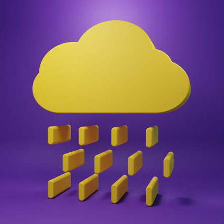 Yellow Cloud with rain icon isolated on purple background. Rain cloud precipitation with rain drops. Minimalism concept. 3D render illustration.の写真素材