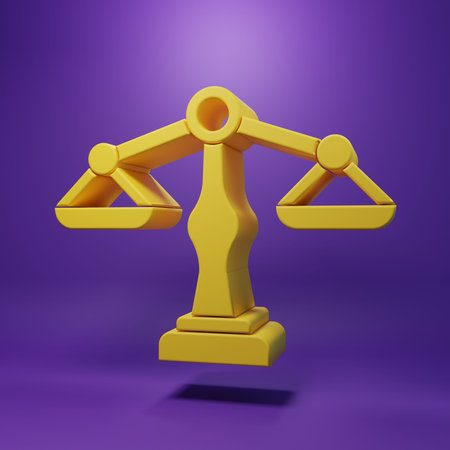 Yellow Scales of justice icon isolated on purple background. Court of law symbol. Balance scale...
