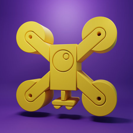 Yellow Drone flying with action video camera icon isolated on purple background. Quadrocopter with video and photo camera symbol. Minimalism concept. 3D render illustration.の写真素材