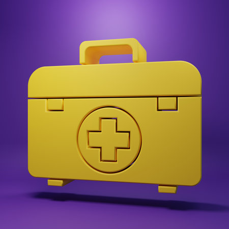 Yellow First aid kit icon isolated on purple background. Medical box with cross. Medical equipment for emergency. Healthcare concept. Minimalism concept. 3D render illustration.の写真素材