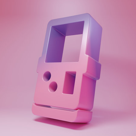 Purple-pink Portable tetris electronic game icon isolated on pink background. Vintage style pocket brick game. Interactive playing device. Minimalism concept. 3D render illustration.の写真素材