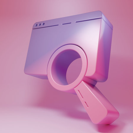 Purple-pink Search in a browser window icon isolated on pink background. Minimalism concept. 3D...