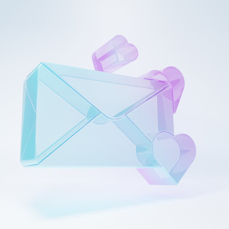 Frosted glass Envelope with Valentine heart icon isolated on white background. Message love. Letter love and romance. Minimalism concept. 3D render illustration.の写真素材