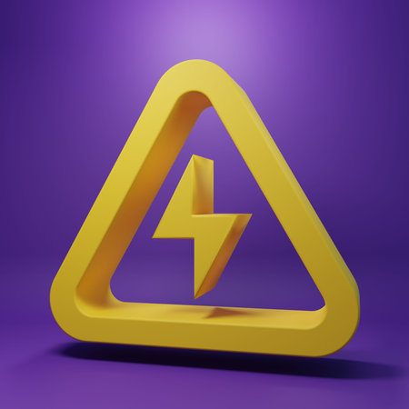 Yellow High voltage icon isolated on purple background. Danger symbol. Arrow in triangle. Warning...