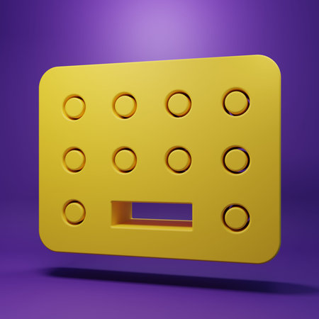 Yellow Pills in blister pack icon isolated on purple background. Medical drug package for tablet, vitamin, antibiotic, aspirin. Minimalism concept. 3D render illustration.の写真素材