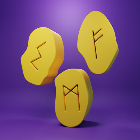 Yellow Magic runes icon isolated on purple background. Minimalism concept. 3D render illustration.の写真素材