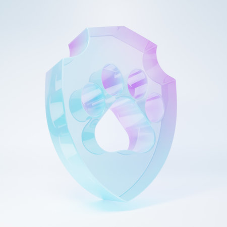 Frosted glass Animal health insurance icon isolated on white background. Pet protection icon. Dog or cat paw print. Minimalism concept. 3D render illustration.の写真素材