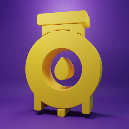 Yellow Oil and gas industrial factory building icon isolated on purple background. Minimalism concept. 3D render illustration.の写真素材