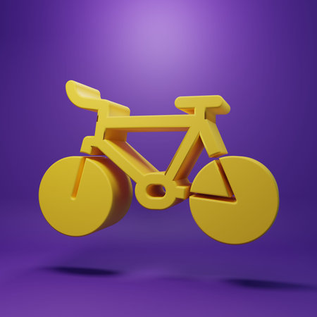 Yellow Bicycle icon isolated on purple background. Bike race. Extreme sport. Sport equipment. Minimalism concept. 3D render illustration.の写真素材