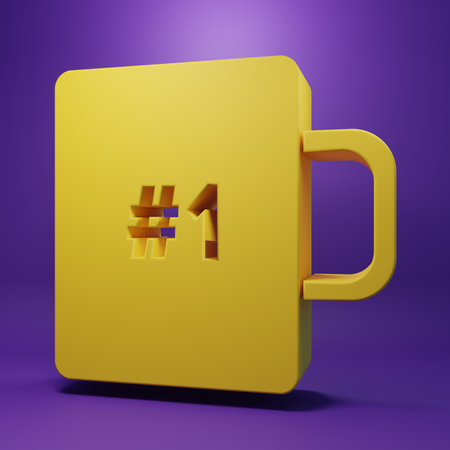 Yellow Coffee cup icon isolated on purple background. Hot drink coffee. Minimalism concept. 3D render illustration.の写真素材